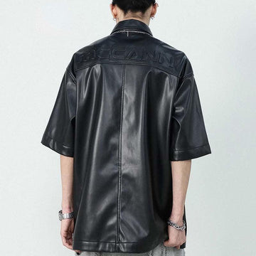 Black PU Leather Short Sleeve Shirt