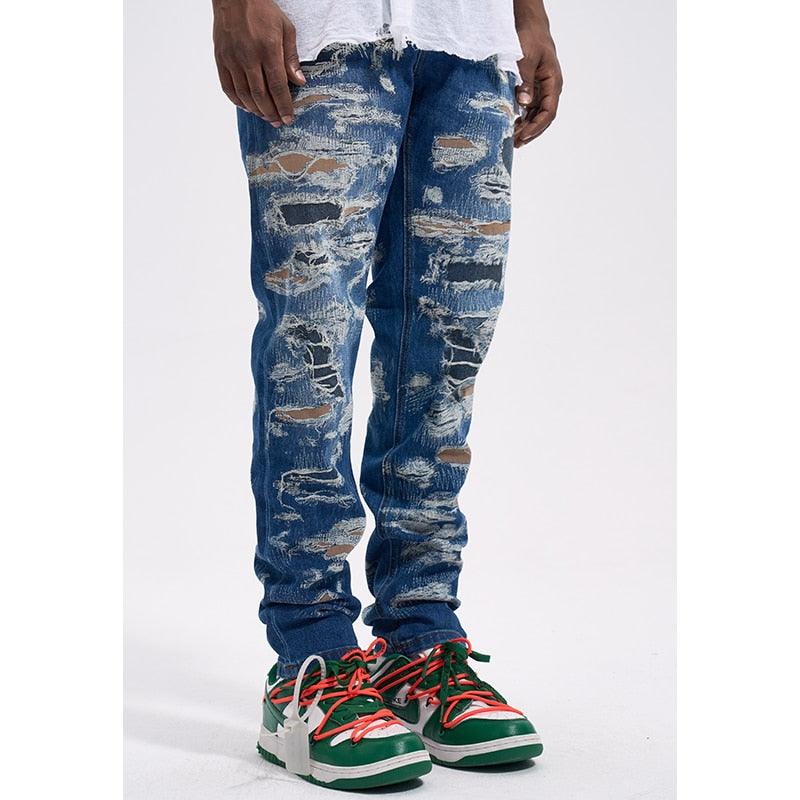 Blue 3D Print Versatile Slim Fit Jeans N055 - UncleDon JM