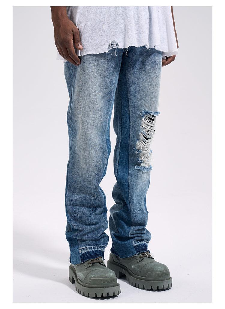 Blue Broken Knee Micro-flared Jeans N052 - UncleDon JM