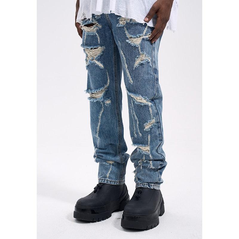 Blue Damaged Scratched Ripped Jeans Q078 - UncleDon JM