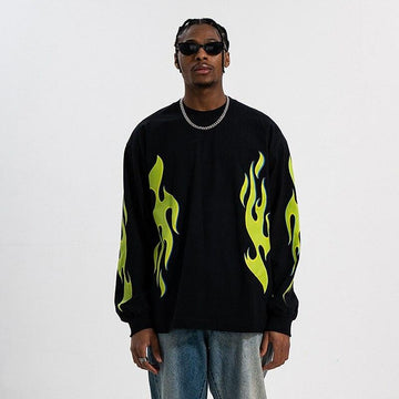 Fluorescent Green Fireworks Flame Printed Long Sleeve T-shirt