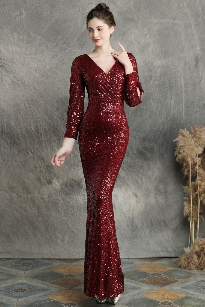 Dark Red Evening Fitted Wrap V-neck 3/4 Sleeves Ankle Dress - Dresses