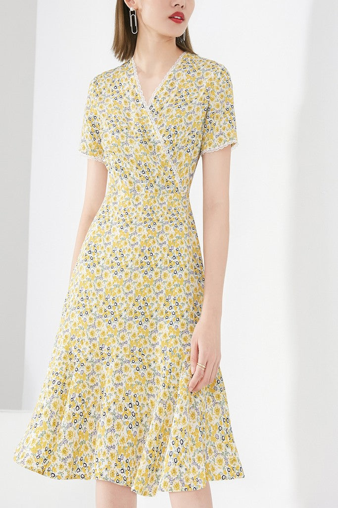 White & Yellow floral print Dress - Dresses