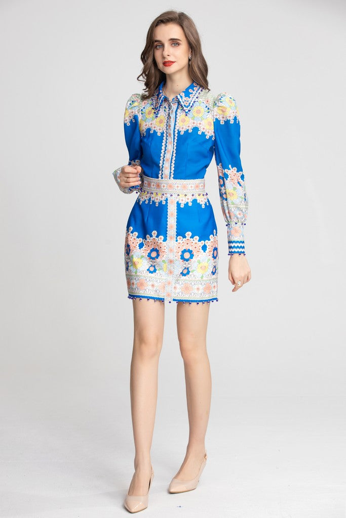 Blue & Multicolor Print Set ( Shirt & Skirt ) - Suits