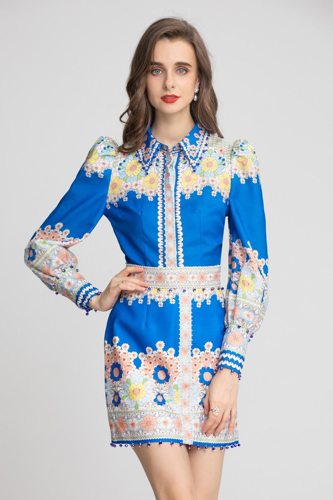 Blue & Multicolor Print Set ( Shirt & Skirt ) - Suits