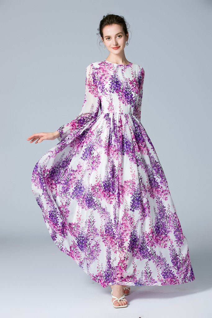 White & Purple Floral Print Dress - Dresses