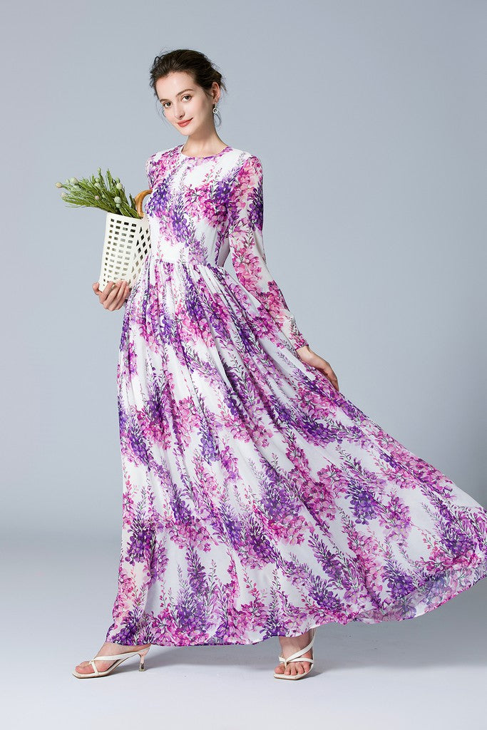 White & Purple Floral Print Dress - Dresses