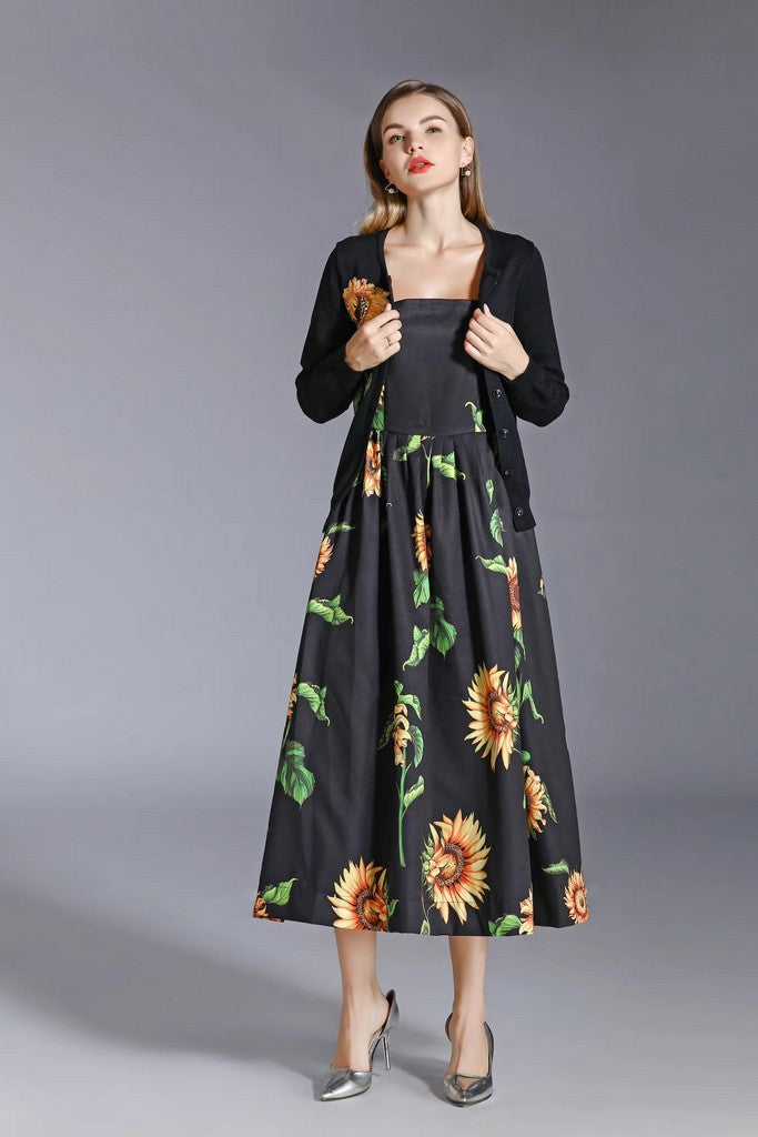 Black & Floral print Set (Blouse & Dress) - Suits