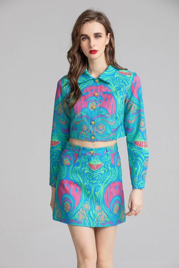 Blue & Green & Pink Set (Jacket & Skirt) - Suits