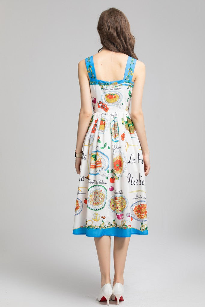 White & Blue & Print Dress - Dresses