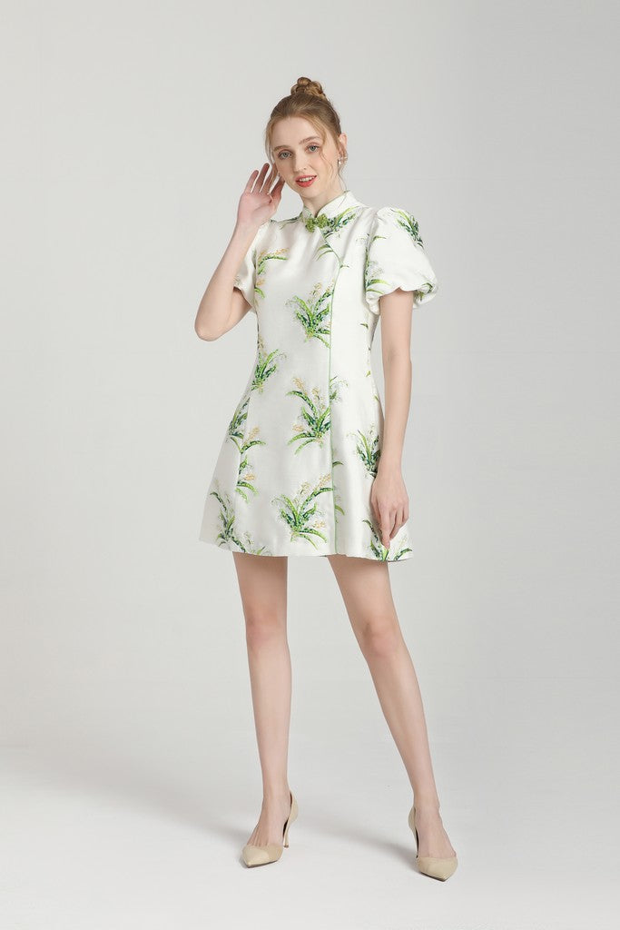 White & Green print Dress - Dresses