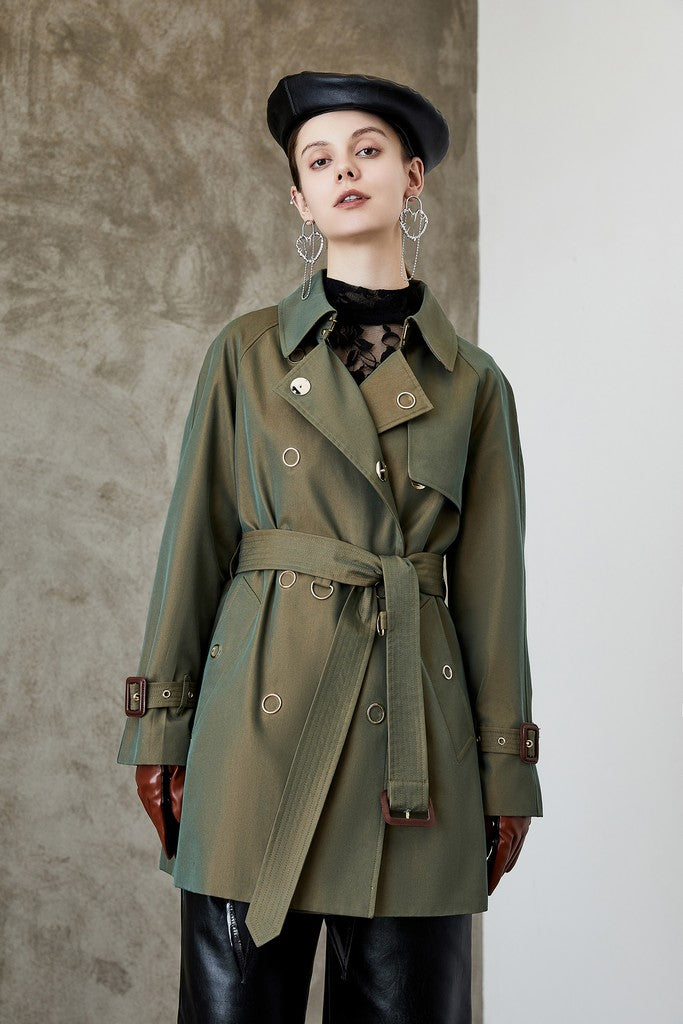Autumn Army Green Cotton Double Breasted Trench Short Day Coat with Belt - Coats