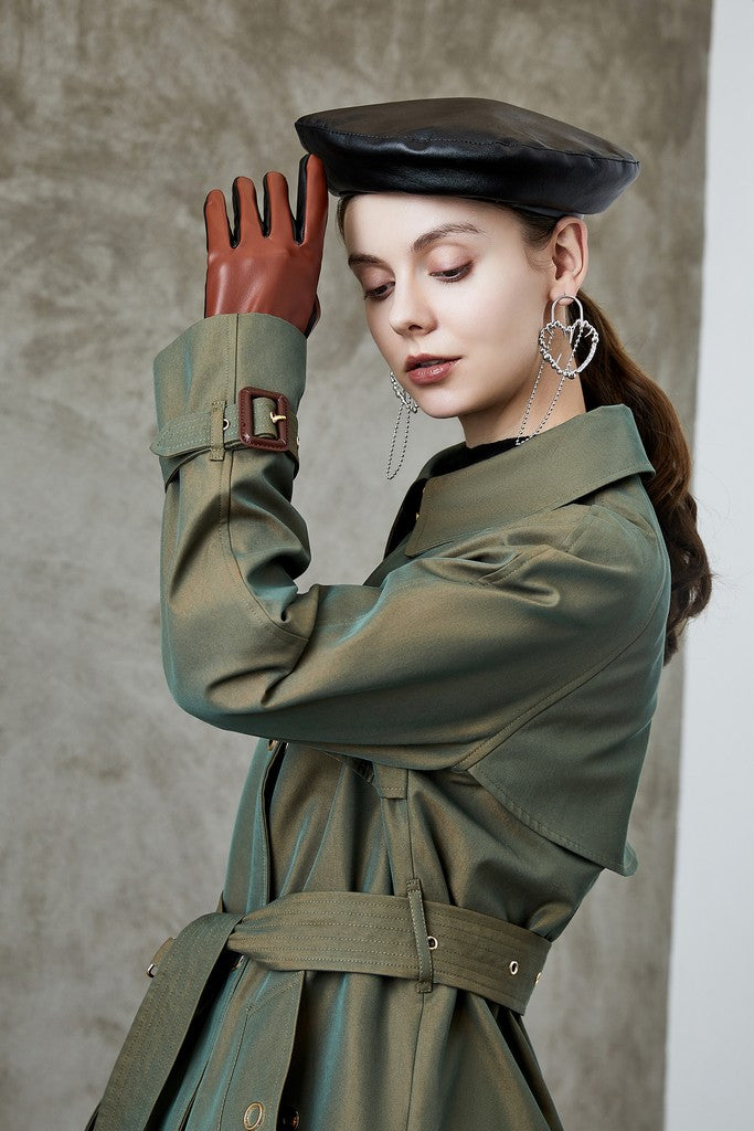 Autumn Army Green Cotton Double Breasted Trench Short Day Coat with Belt - Coats