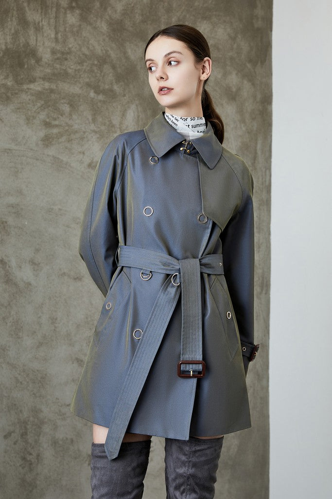 Autumn Grey Cotton Double Breasted Trench Short Day Coat with Belt - Coats