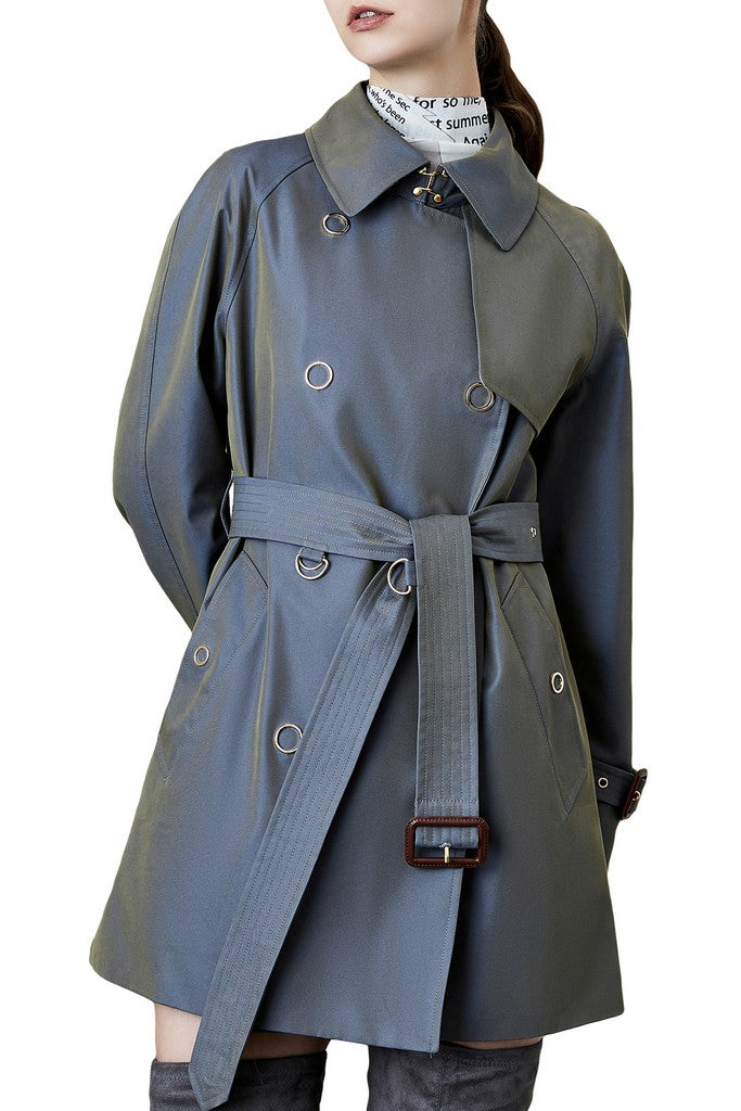 Autumn Grey Cotton Double Breasted Trench Short Day Coat with Belt - Coats