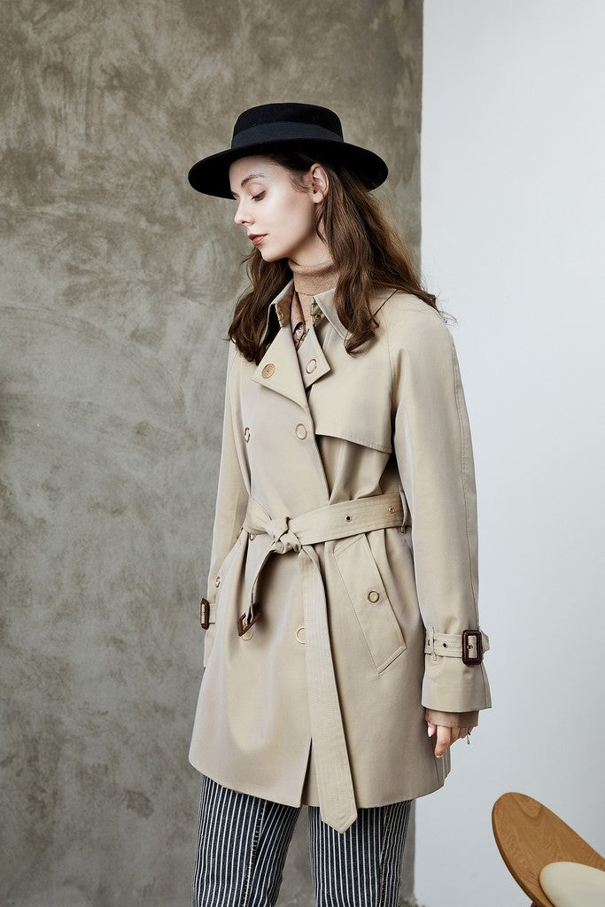 Autumn Khaki Cotton Double Breasted Trench Short Day Coat with Belt - Coats