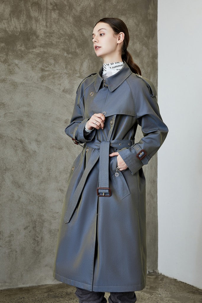 Autumn Grey Classic Cotton Double Breasted Trench Midi Day Coat with Belt - Coats