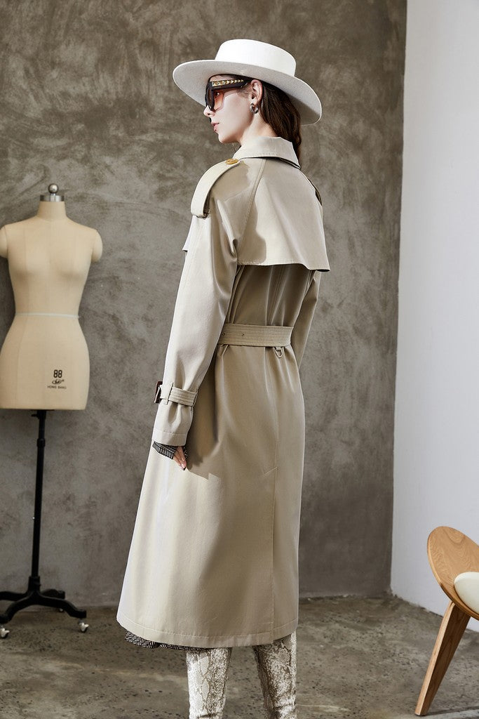 Autumn Khaki Cotton Double Breasted Trench Midi Day Coat with Belt - Coats