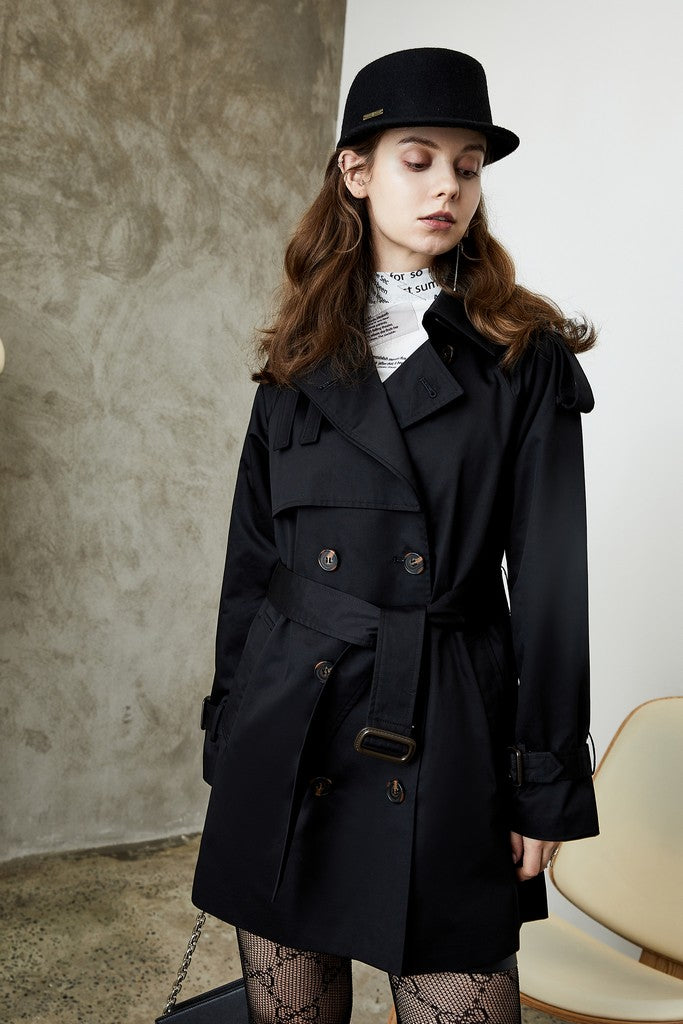 Autumn Black Cotton Long Sleeve Double Breasted Trench Short Day Coat with Belt - Coats