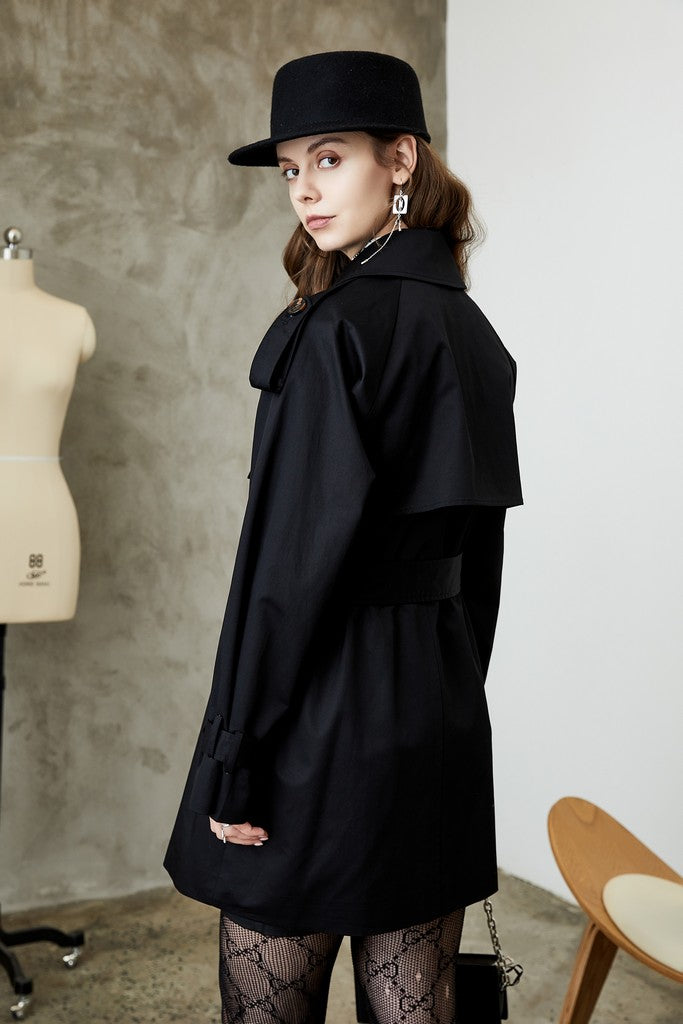 Autumn Black Cotton Long Sleeve Double Breasted Trench Short Day Coat with Belt - Coats