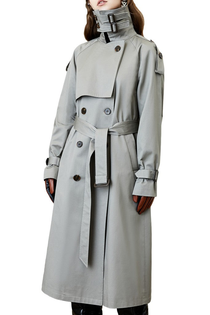 Autumn Grey Cotton Buttoned Long Sleeve Double Breasted Trench Knee Day Coat - Coats