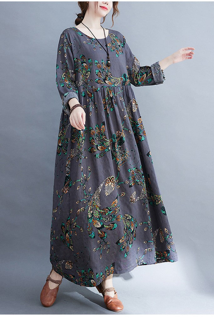 Gray & Floral print Dress - Dresses