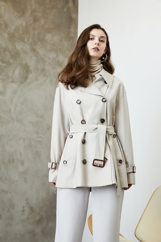 Autumn Beige Buttoned Long Sleeve Double Breasted Trench Short Day Coat - Coats