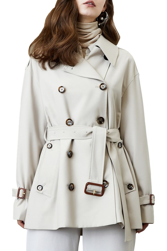 Autumn Beige Buttoned Long Sleeve Double Breasted Trench Short Day Coat - Coats