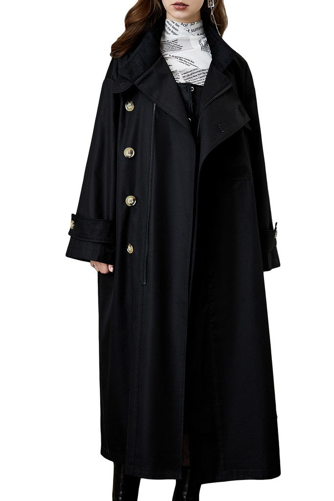 Autumn Black Day Tent High Neck Long Sleeve Maxi Cotton Topcoat Coat with Pocket - Coats