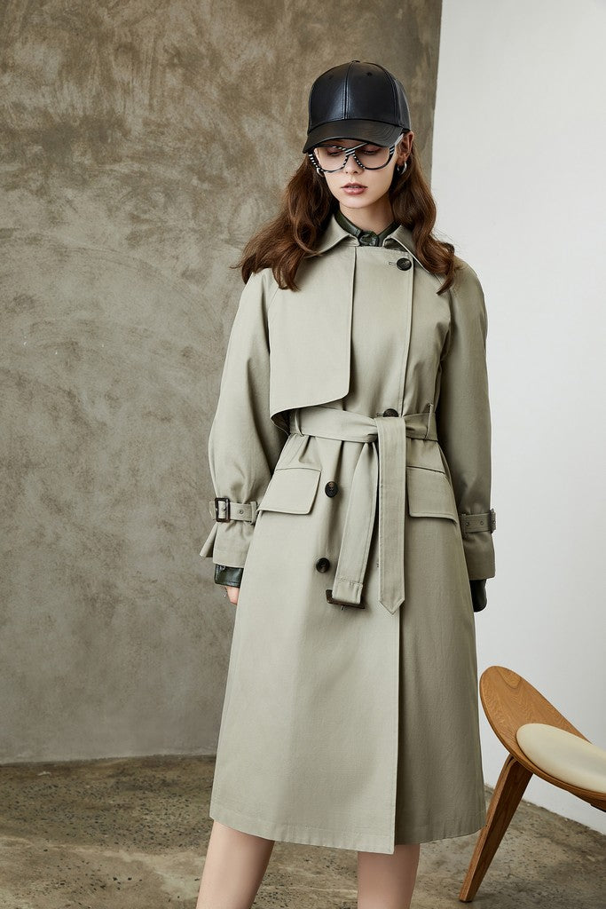 Autumn Light Grey Day Buttoned Cotton Long Sleeve Double Breasted Midi Elegant Coat - Coats