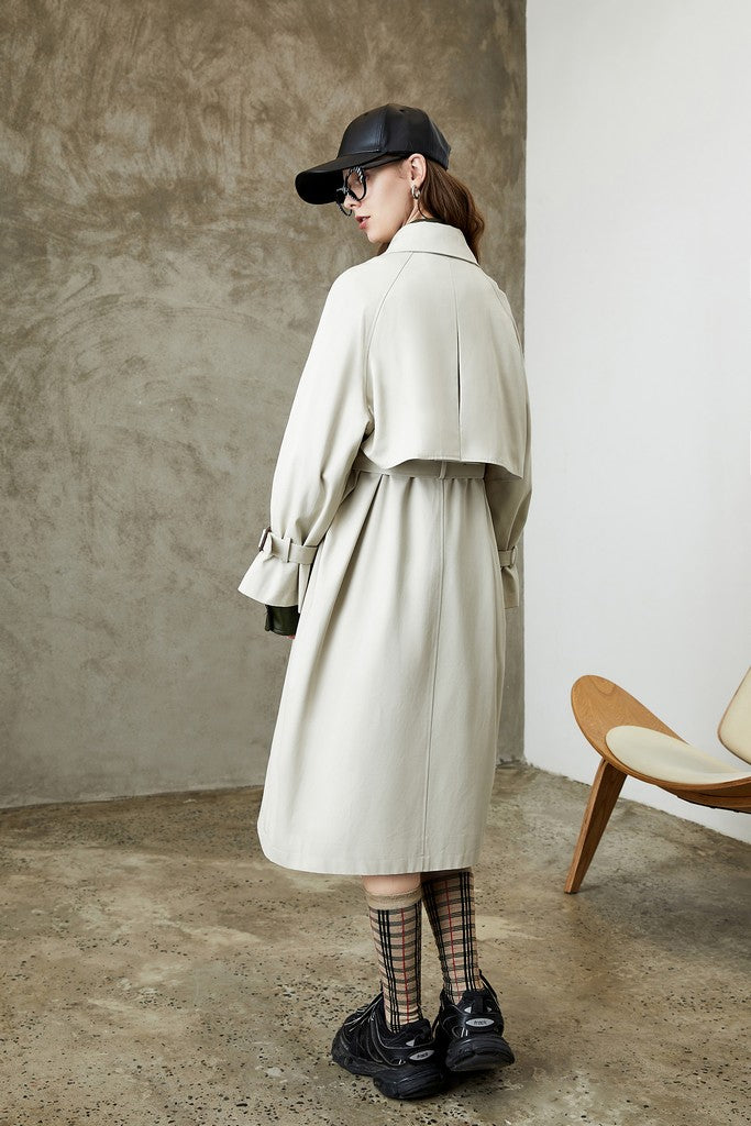 Autumn White Day Buttoned Cotton Long Sleeve Double Breasted Midi Elegant Coat - Coats