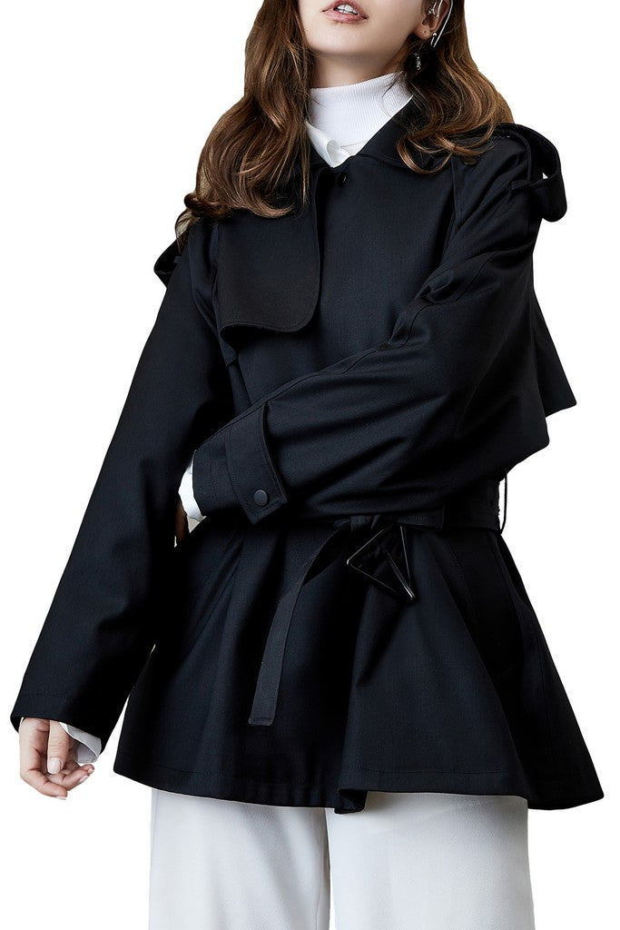 Autumn Black Day Wrapped Long Sleeve Short Elegant Trench Coat with Belt - Coats