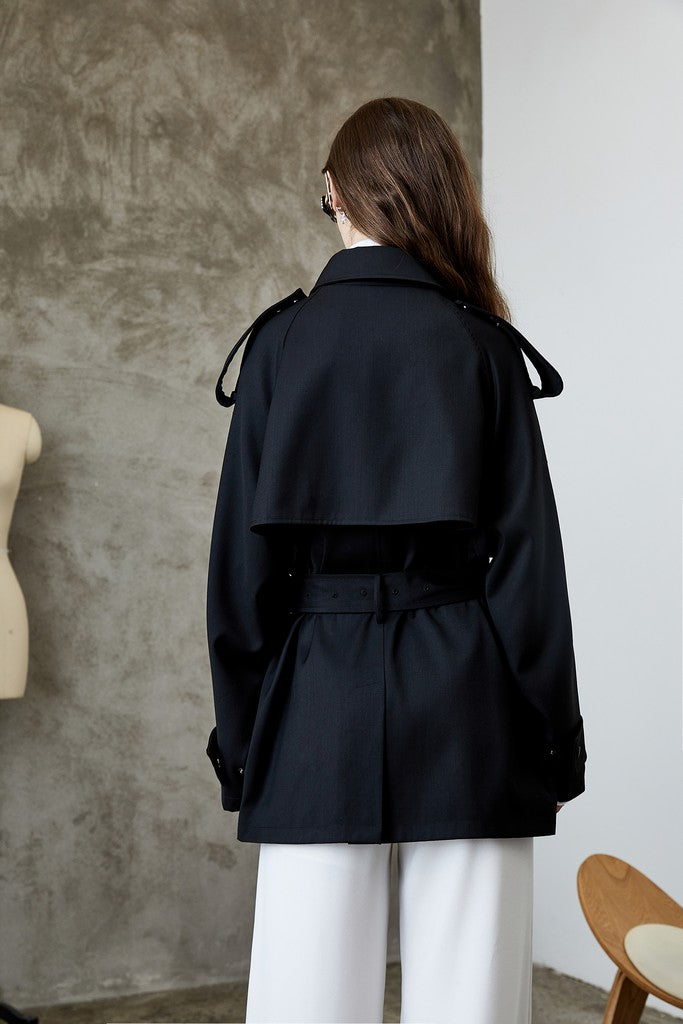Autumn Black Day Wrapped Long Sleeve Short Elegant Trench Coat with Belt - Coats