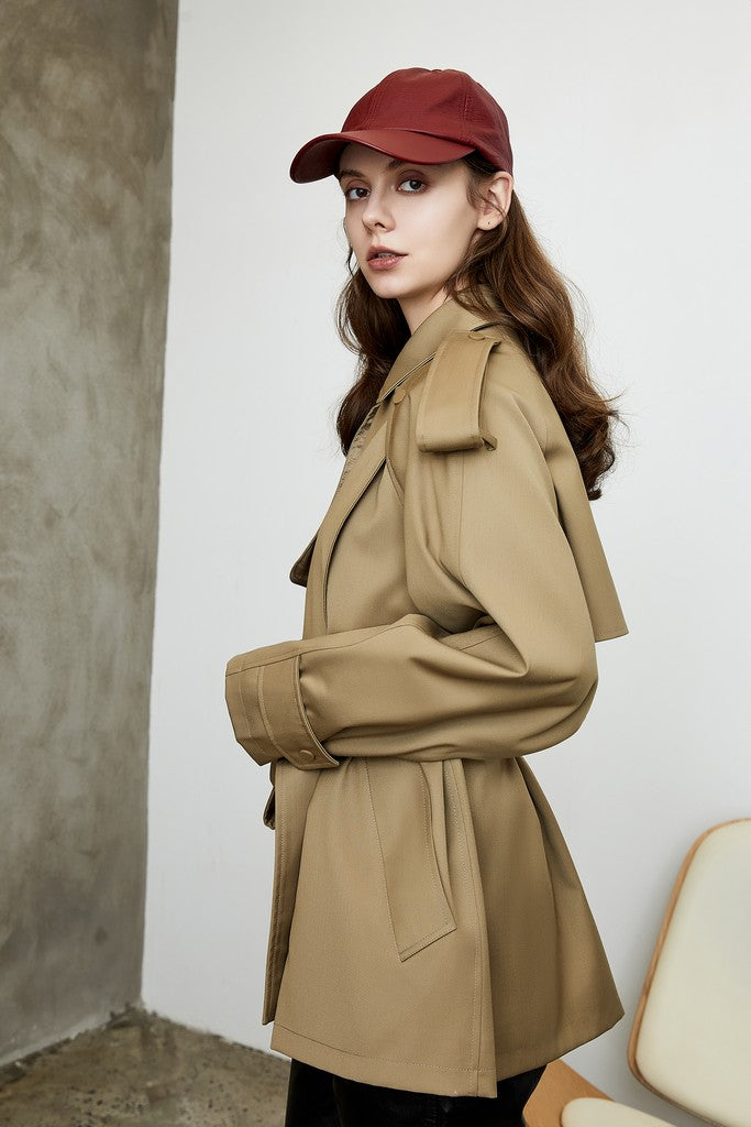 Autumn Brown Day Wrapped Long Sleeve Short Elegant Trench Coat with Belt - Coats