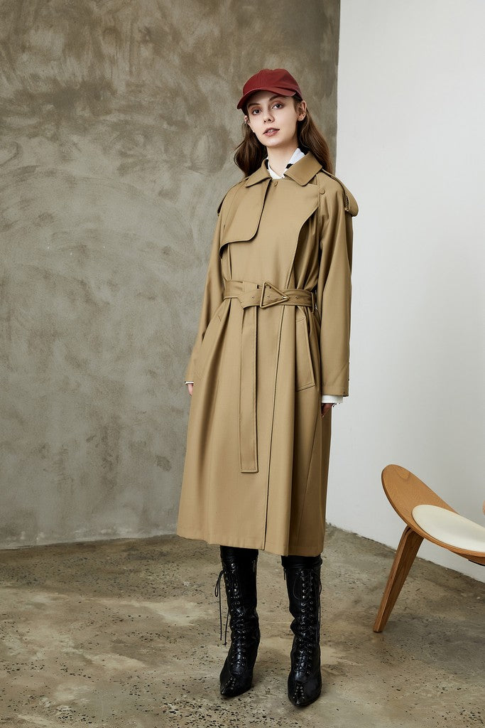 Autumn Brown Day Wrapped Long Sleeve Below Knee Elegant Trench Coat with Belt - Coats