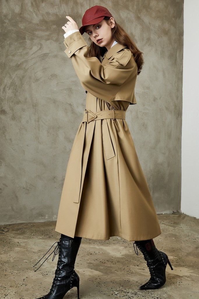 Autumn Brown Day Wrapped Long Sleeve Below Knee Elegant Trench Coat with Belt - Coats