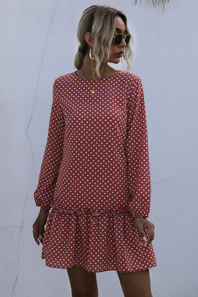 Brick red & White polka dot Day Dress - Dresses