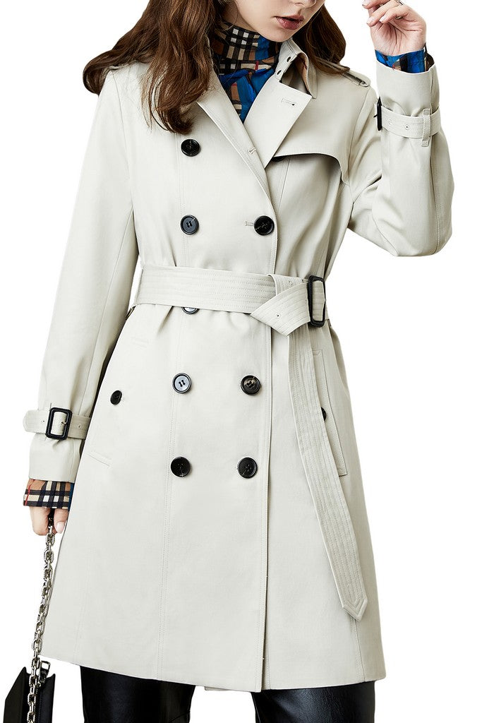 Autumn White Day Double Breasted Long Sleeve Above Knee Elegant Cotton Trench Coat - Coats