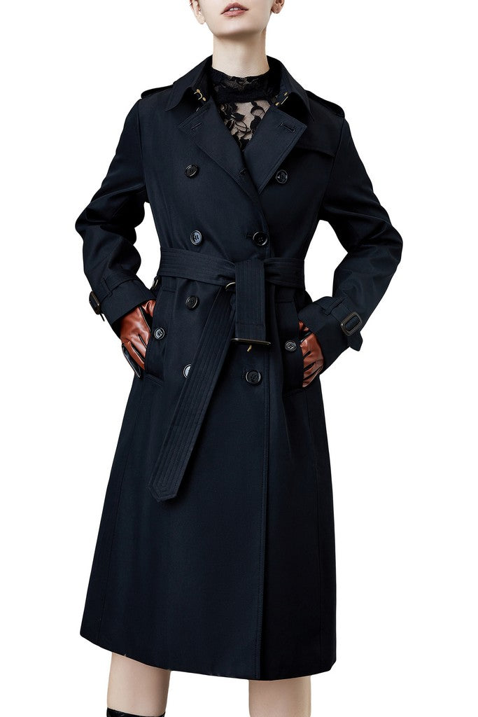 Autumn Black Day Double Breasted Long Sleeve Below Knee Buttoned Elegant Cotton Trench Coat - Coats