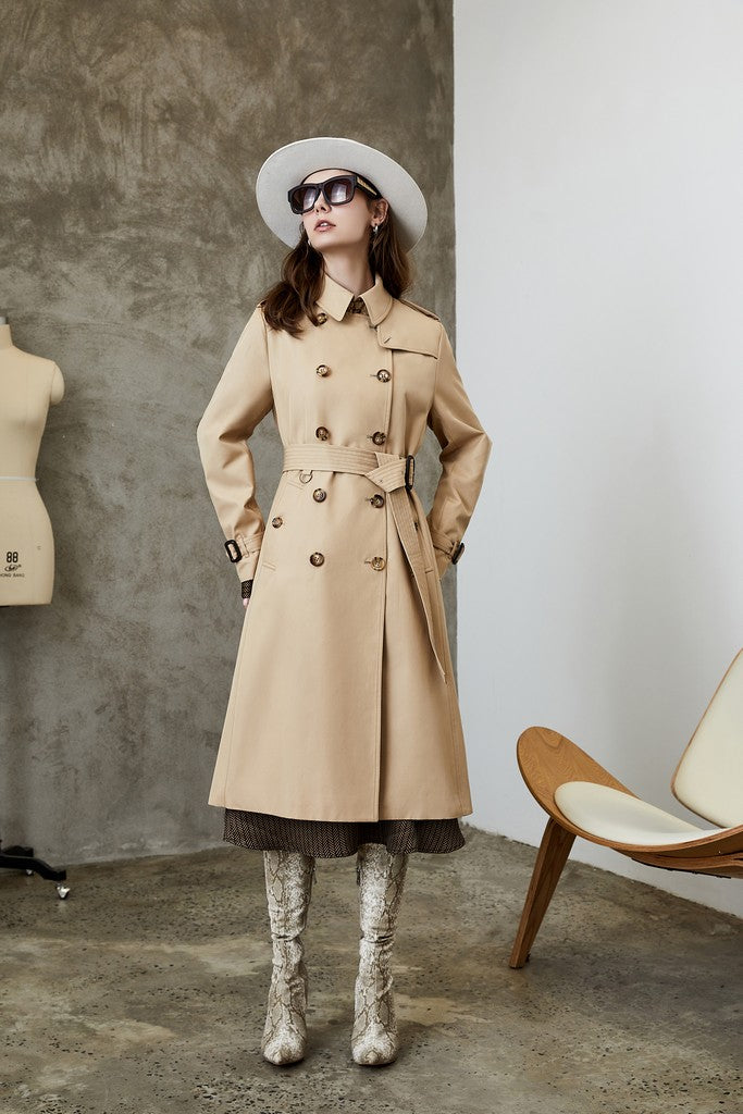 Autumn Khaki Day Double Breasted Long Sleeve Below Knee Buttoned Elegant Cotton Trench Coat - Coats