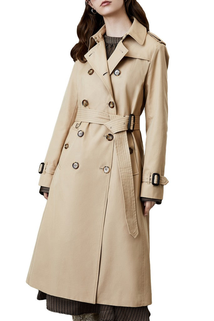 Autumn Khaki Day Double Breasted Long Sleeve Below Knee Buttoned Elegant Cotton Trench Coat - Coats