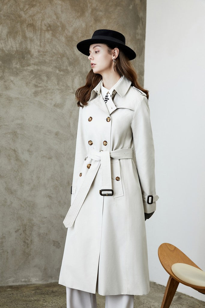 Autumn White Day Double Breasted Long Sleeve Below Knee Buttoned Elegant Cotton Trench Coat - Coats