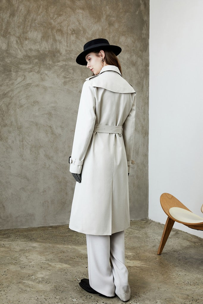 Autumn White Day Double Breasted Long Sleeve Below Knee Buttoned Elegant Cotton Trench Coat - Coats