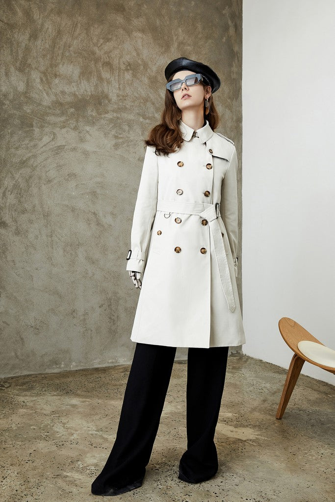 Autumn White Day Double Breasted Long Sleeve Knee Buttoned Elegant Cotton Trench Coat - Coats