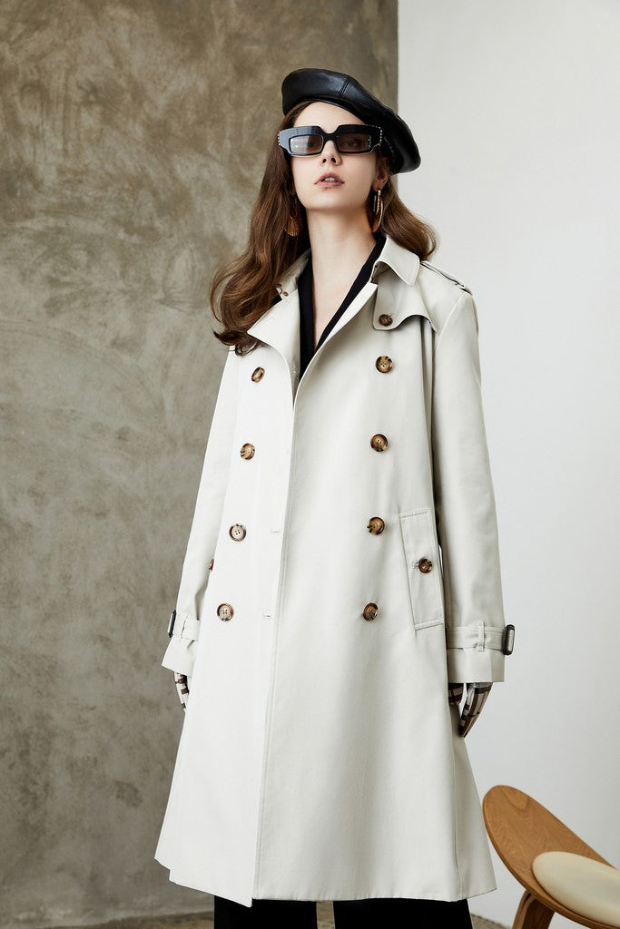 Autumn White Day Double Breasted Long Sleeve Knee Buttoned Elegant Cotton Trench Coat - Coats