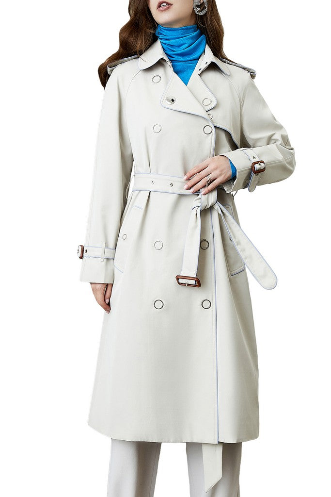 Autumn White Day Elegant Double Breasted Long Sleeve Below Knee Solid Color Trench Coat - Coats