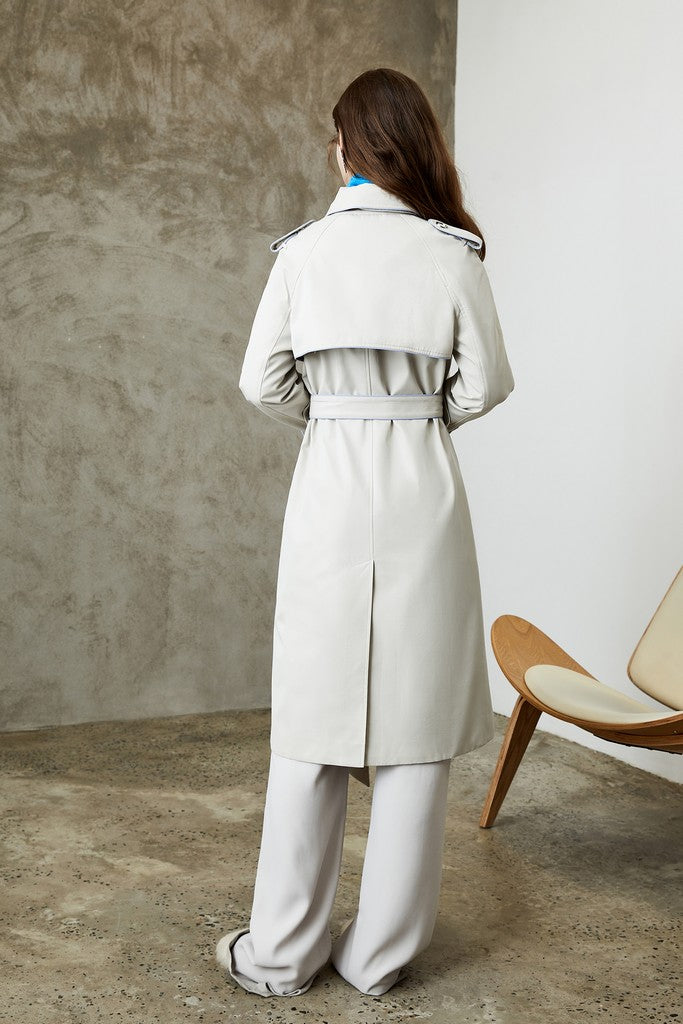 Autumn White Day Elegant Double Breasted Long Sleeve Below Knee Solid Color Trench Coat - Coats