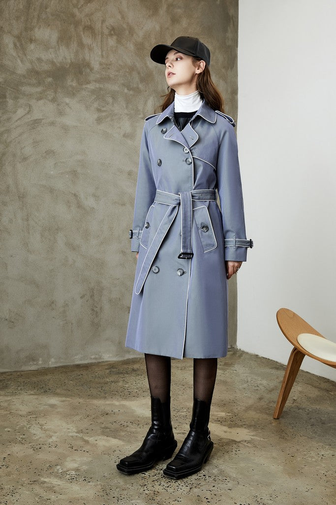 Autumn Grey Day Elegant Double Breasted Long Sleeve Below Knee Buttoned Trench Coat - Coats