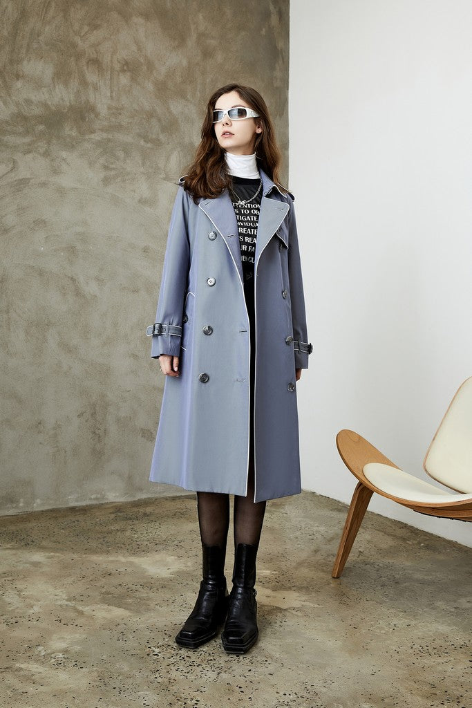 Autumn Grey Day Elegant Double Breasted Long Sleeve Below Knee Buttoned Trench Coat - Coats