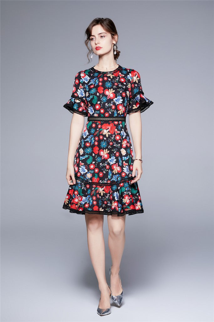 Black & Red & Blue floral print Dress - Dresses
